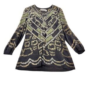 Isabel Marant Etoile Cotton Cupro Tribal Print Blouse Top Brown Green